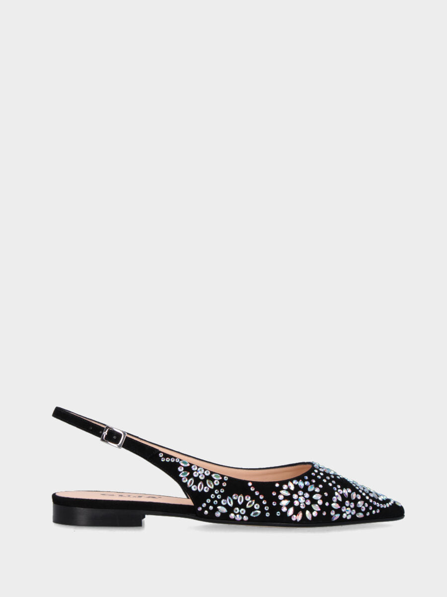 Slingback in camoscio nero con ornamenti di strass e tacco flat