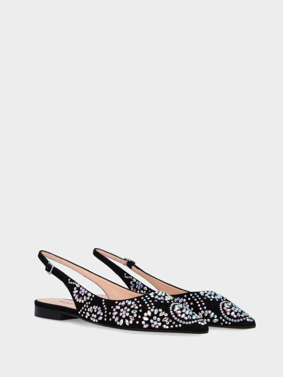 Slingback in camoscio nero con ornamenti di strass e tacco flat