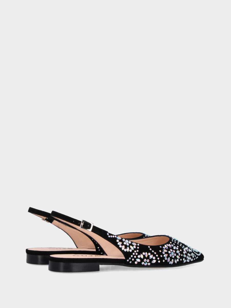 Slingback in camoscio nero con ornamenti di strass e tacco flat