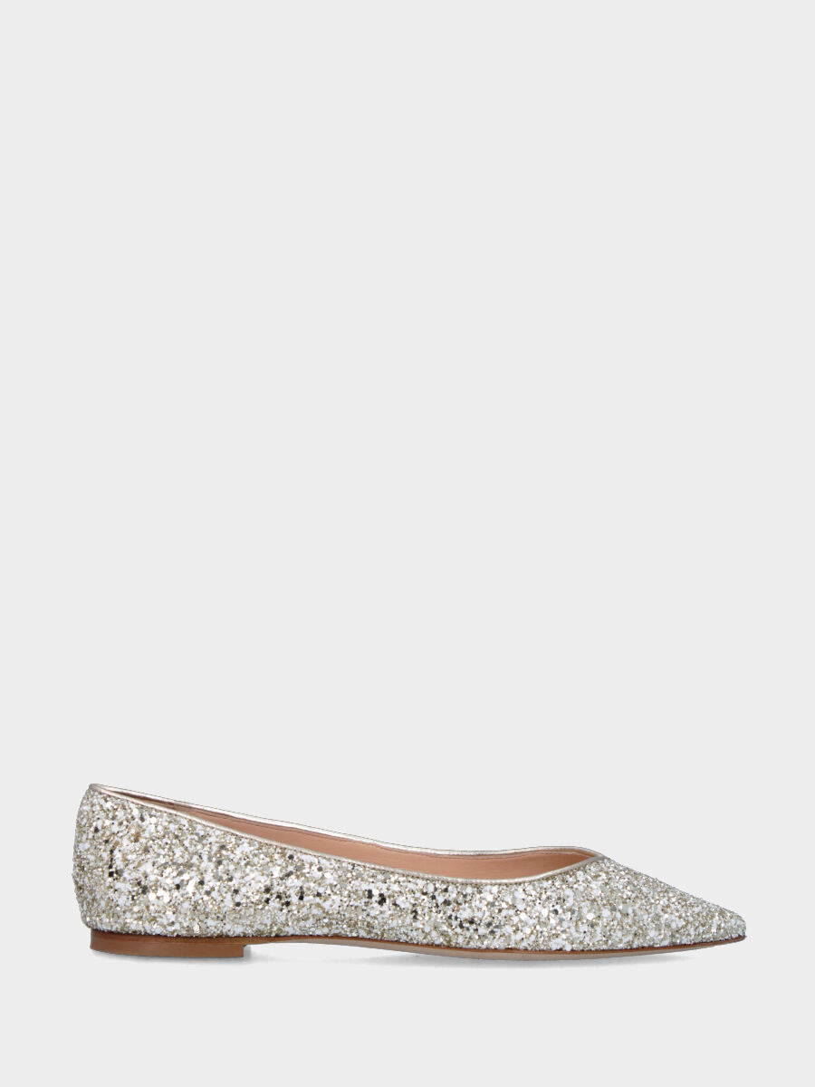 Ballerina con glitter platino con scollo a V e tacco flat