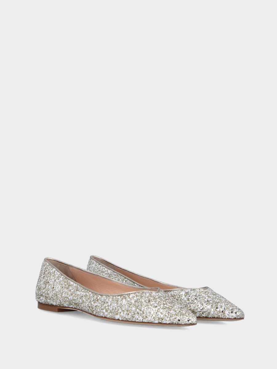 Ballerina con glitter platino con scollo a V e tacco flat