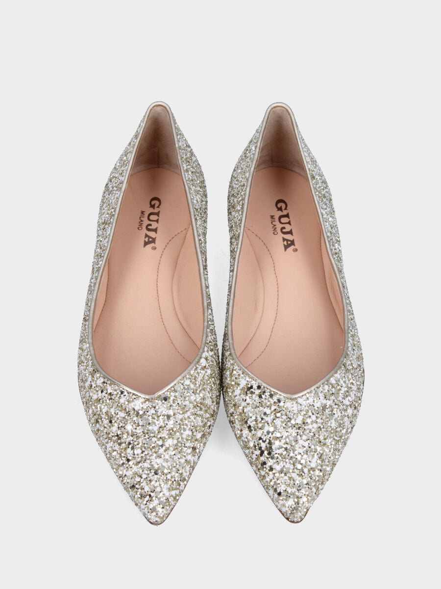 Ballerina con glitter platino con scollo a V e tacco flat