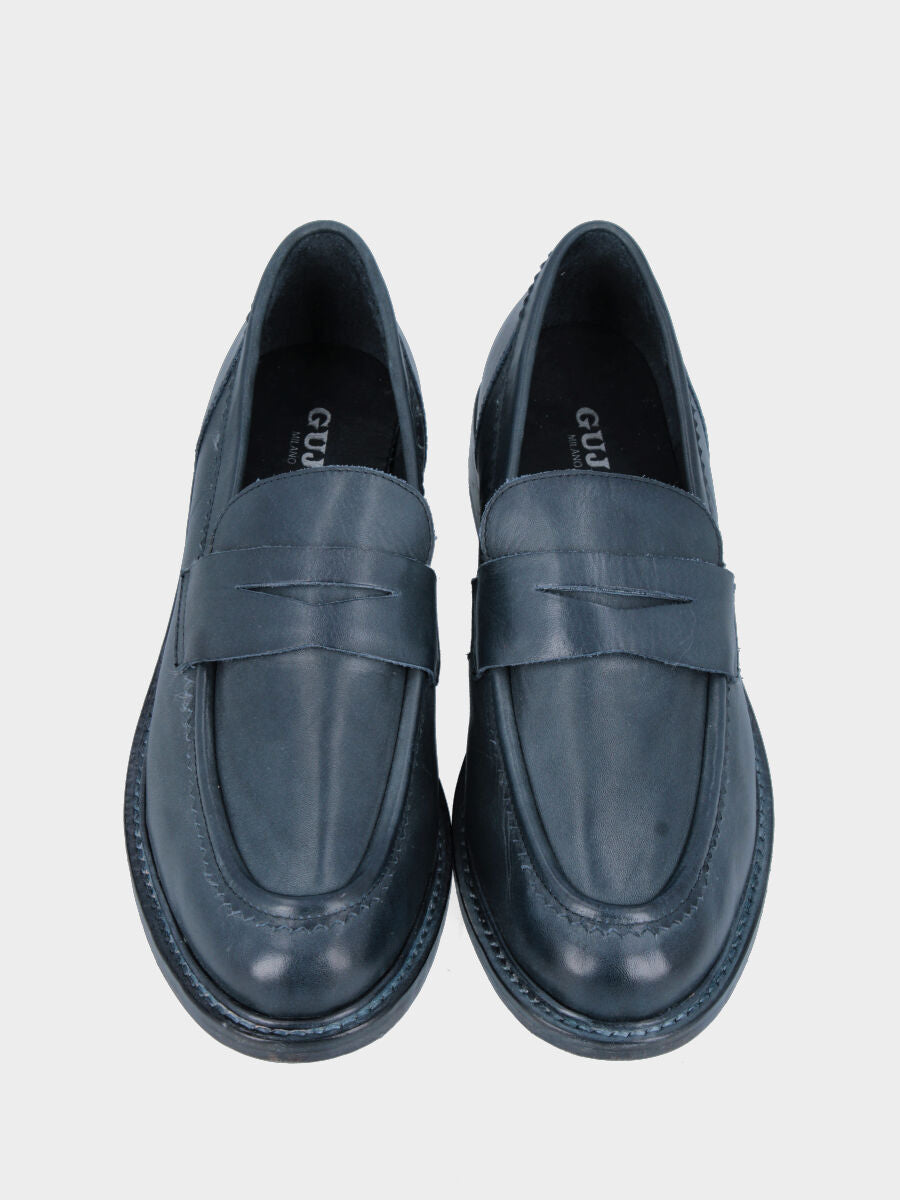 Mocassino in nappa blu con mascherina a bocca di leone