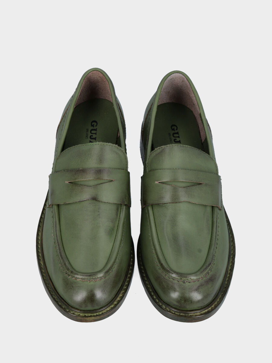 Mocassino in nappa verde con mascherina a bocca di leone