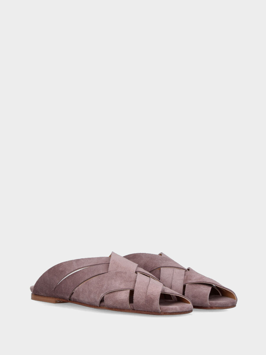 Ciabatta in velour taupe con fasce alternate lisce e intagliate