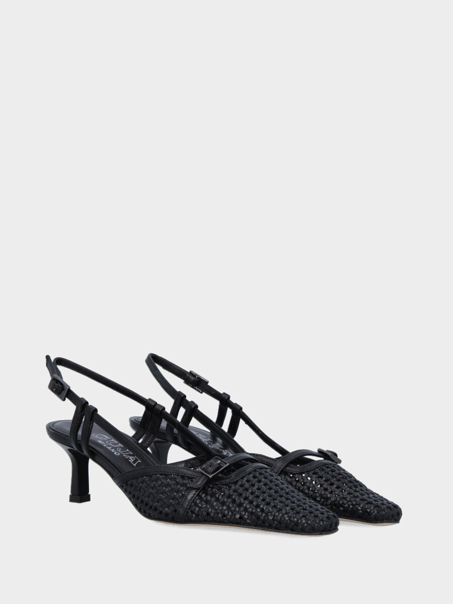 Slingback in rafia nera con cinturino e tacco a calice