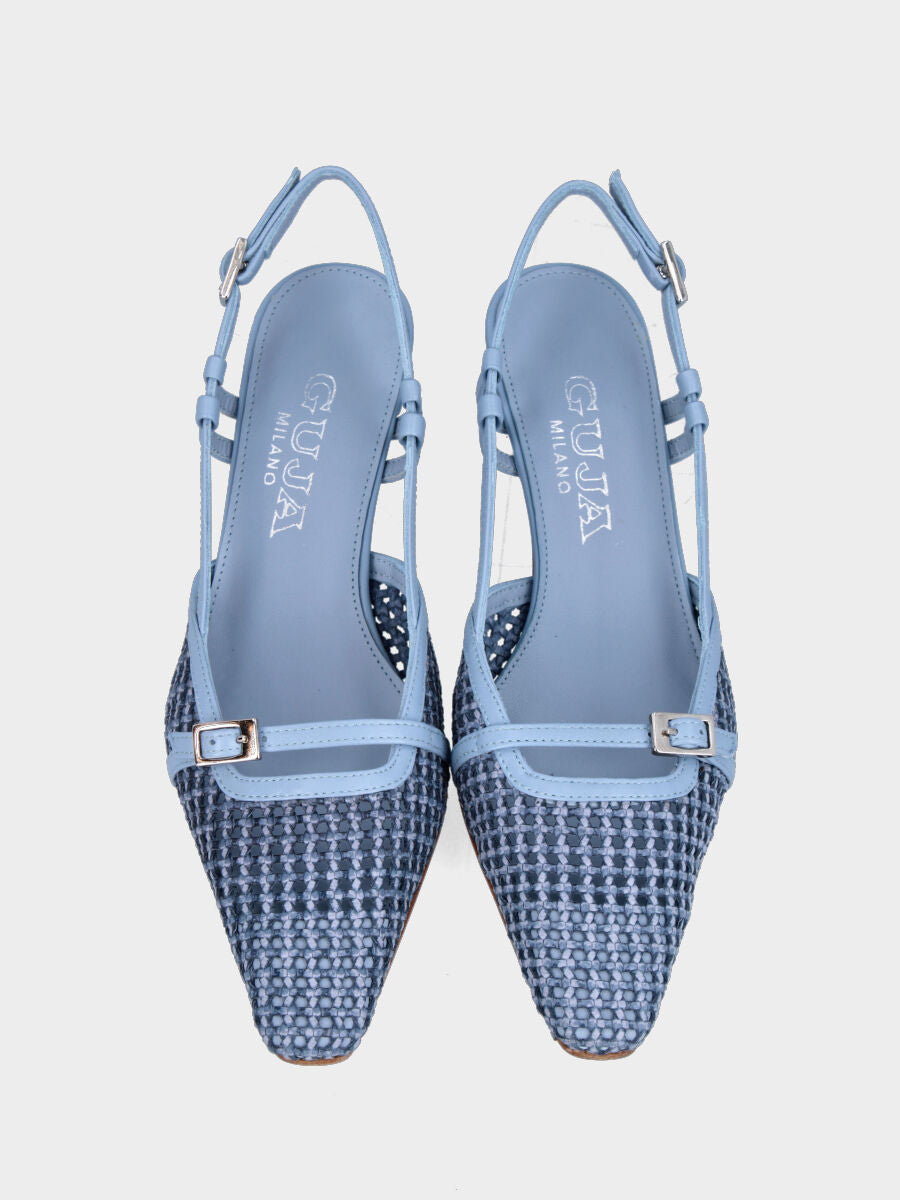 Slingback in rafia celeste con cinturino e tacco a calice