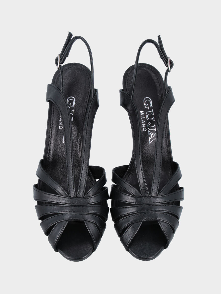 Sandalo in nappa nera con listini arcuati e tacco a stiletto