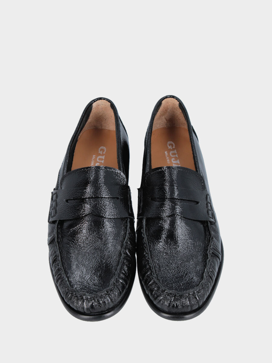 Mocassino in naplak nero con mascherina a bocca di leone