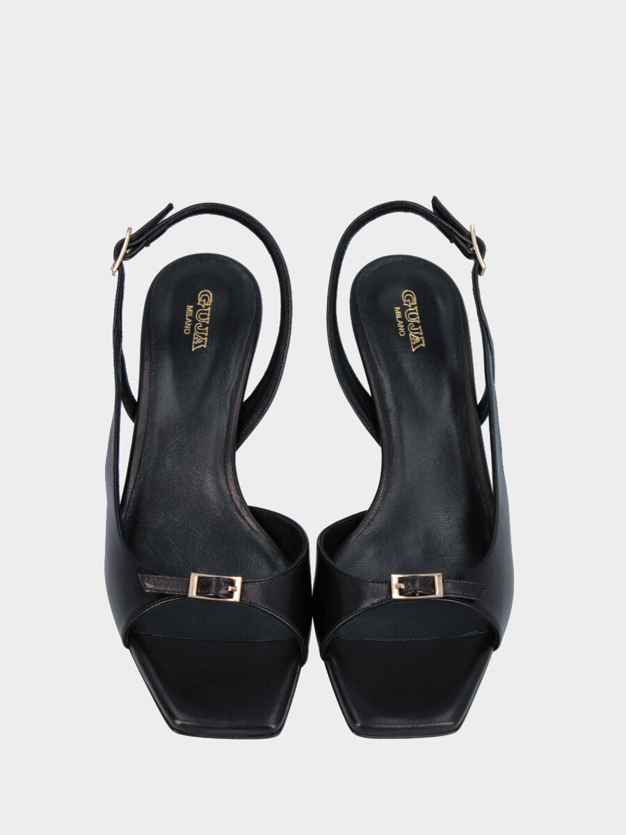 Sandalo in nappa nera con listino incrociato e suola in cuoio