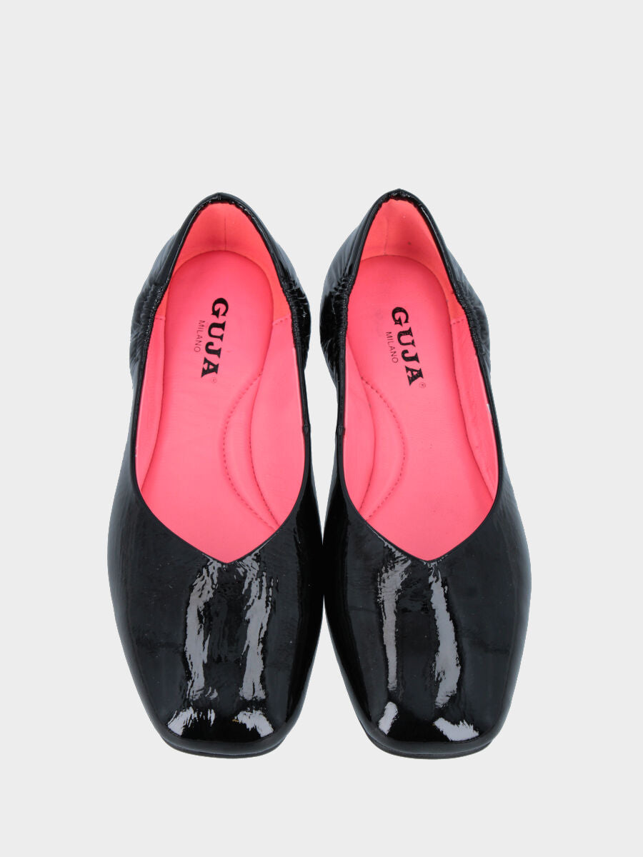 Ballerina in naplak nero con scollo a cuore e lavorazione a sacchetto